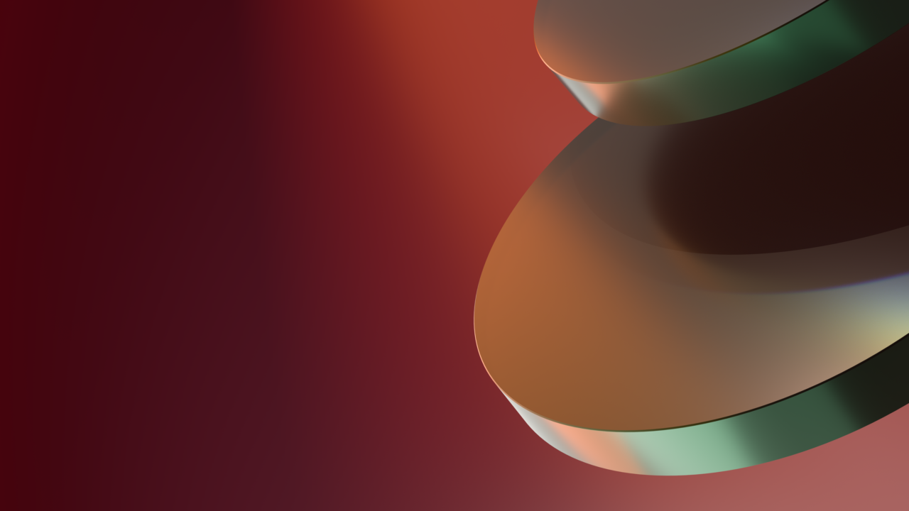 Stacked, abstract metallic-textured shapes in green, orange, and brown against a red background.