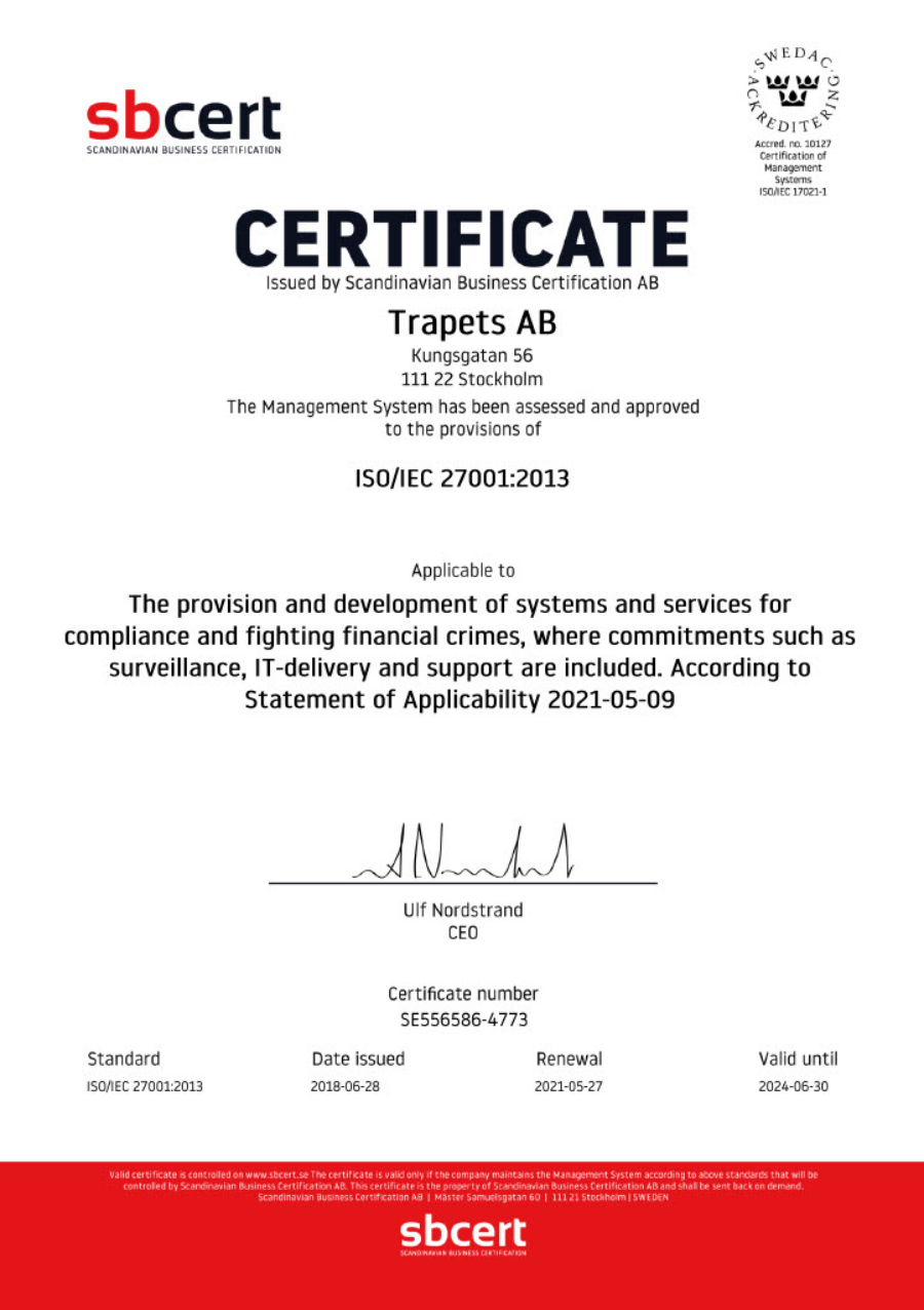 Trapets ISO 27001 certificate.